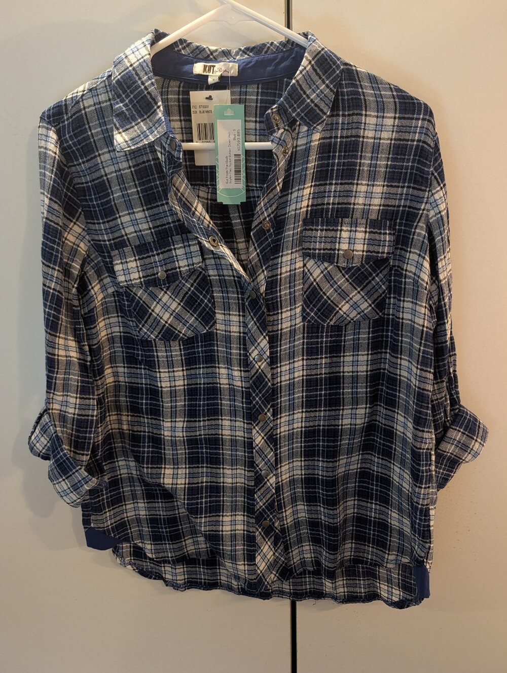 Kut from the Kloth Navy and White Plaid Roll-Tab Shirt Button Down NWT